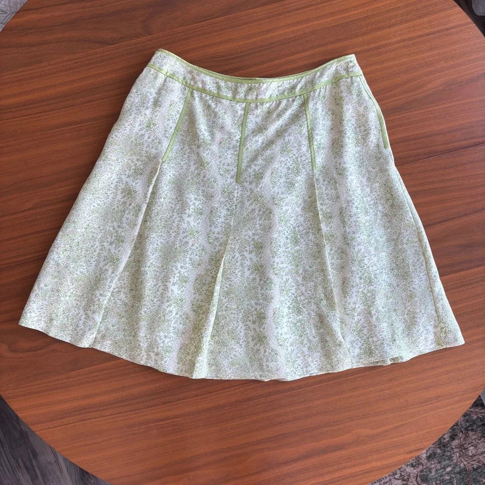 90s Vintage Ann Taylor Silk Skirt 8P Green Floral A Line Cottage Fairy Coquette